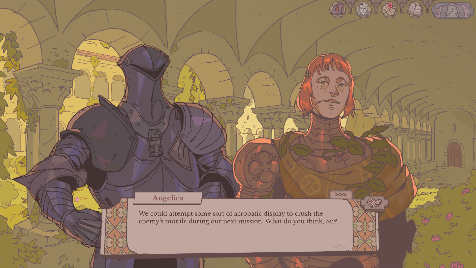 Angelica and an armoured figure speaking in a bright stone hall.