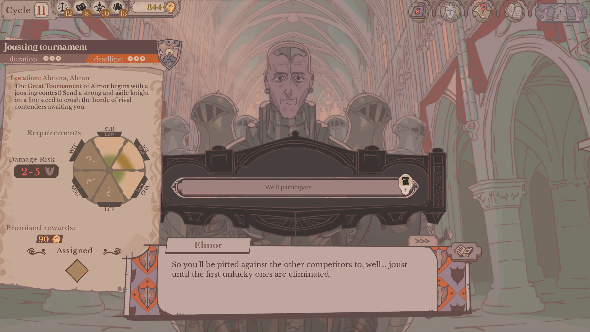 Round Table quest assignment interface showing mission requirements and Knight attributes.