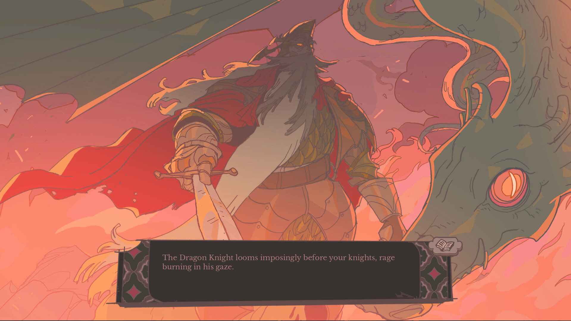 The Dragon Knight confronting the player in an illustrated story scene.