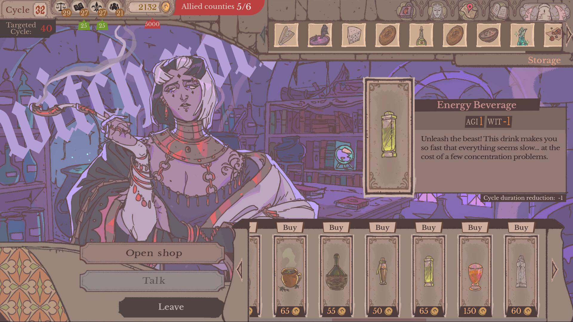 Belladona’s shop interface showing purchasable potions and items.