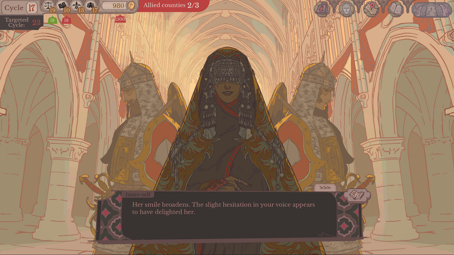 A dark-armoured ruler speaking during an audience scene.