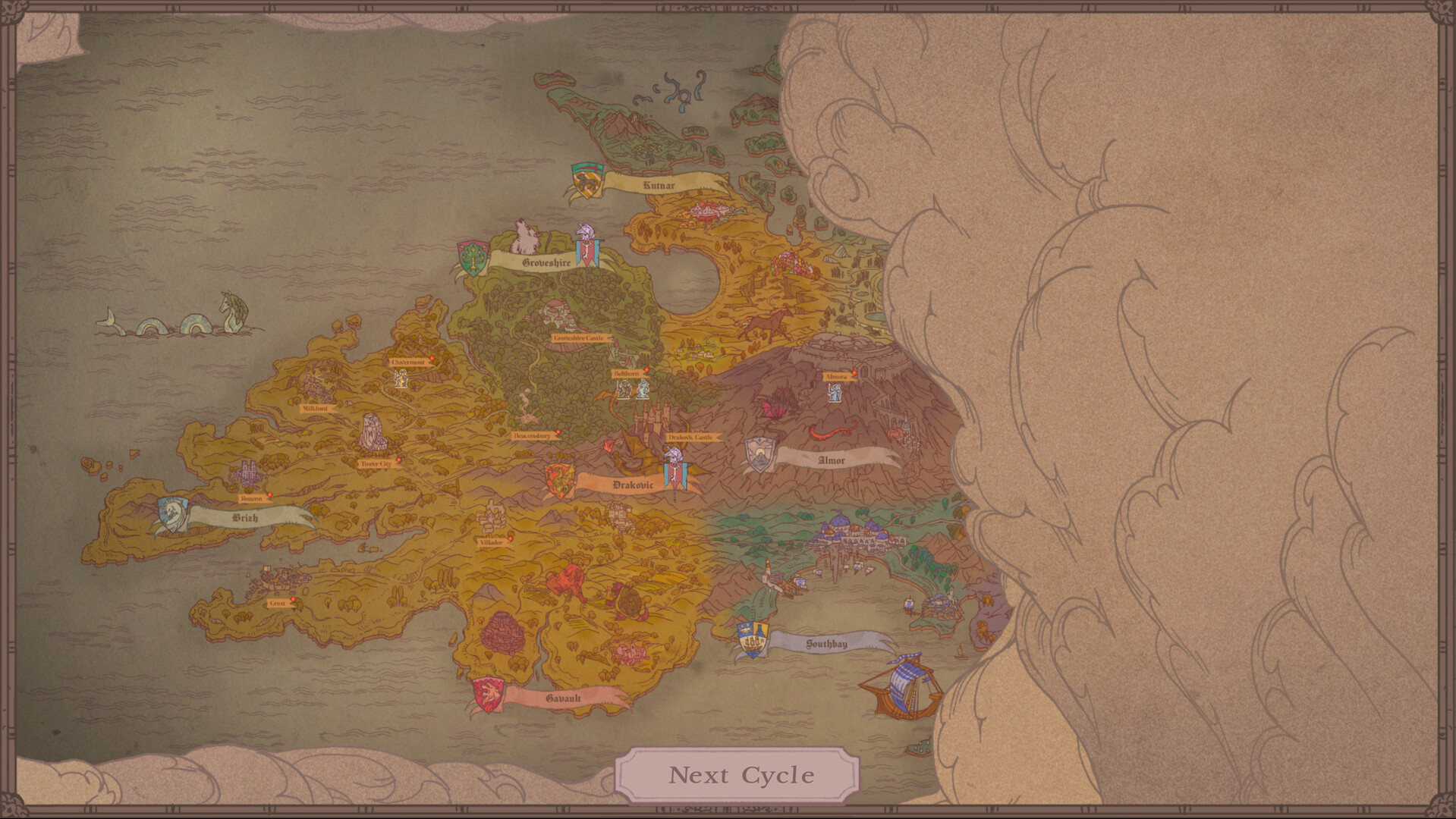 Illustrated map of Brizh with colored regions and location markers.