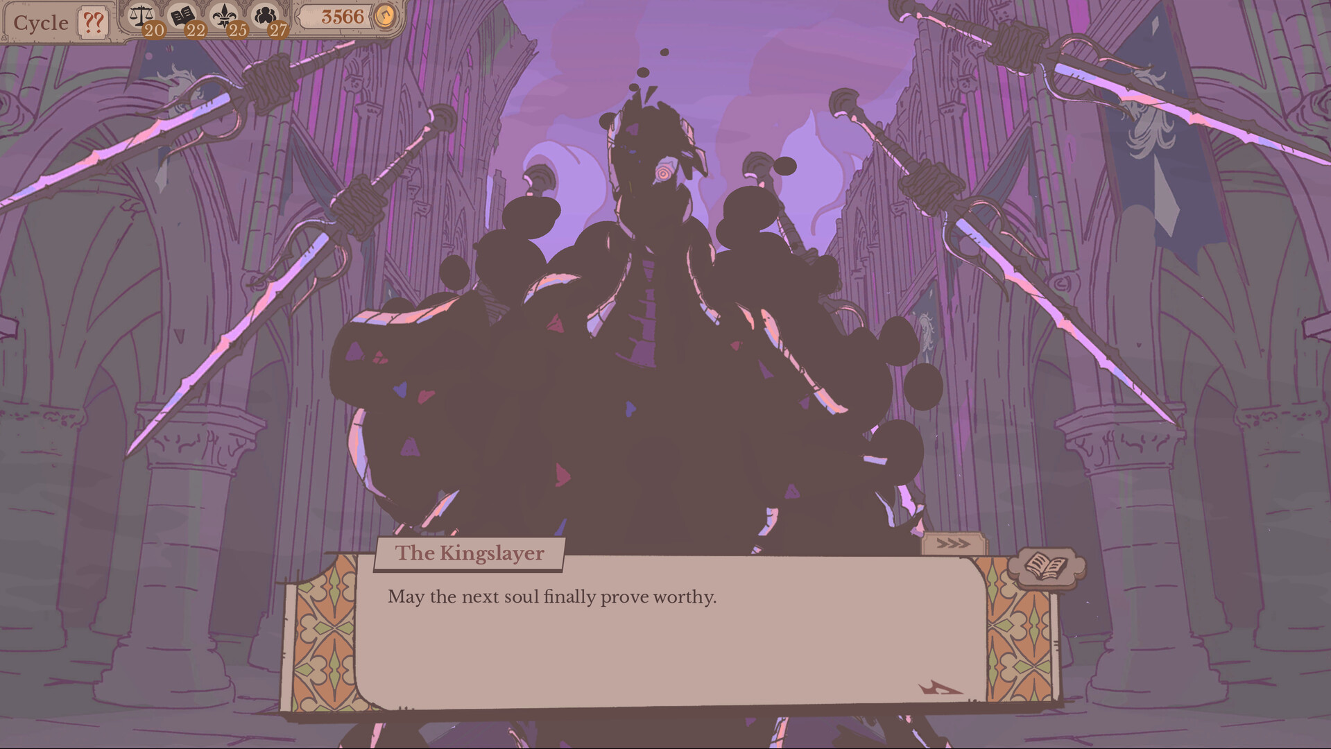 A group of silhouetted figures confronting the player in a purple-lit hall.