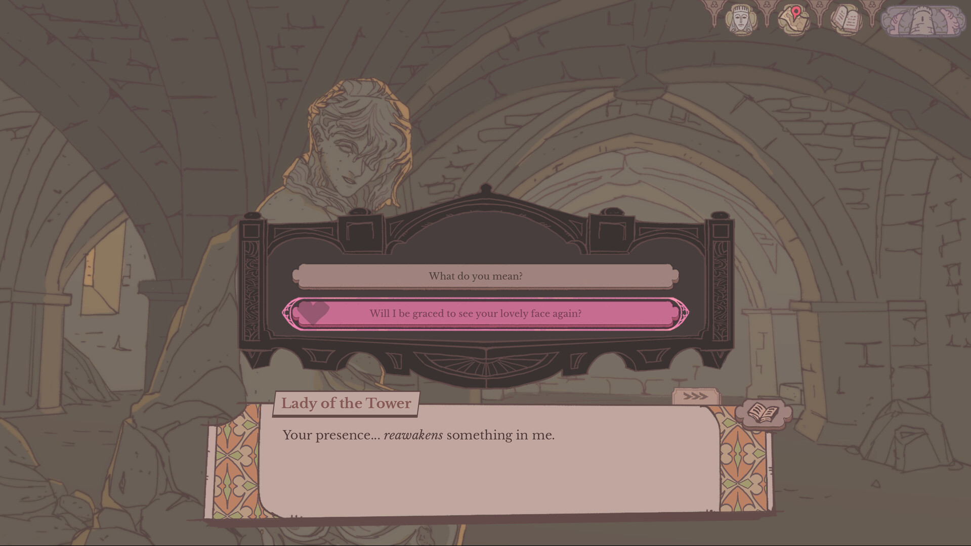 Lady of the Tower dialogue interface with a relationship meter.