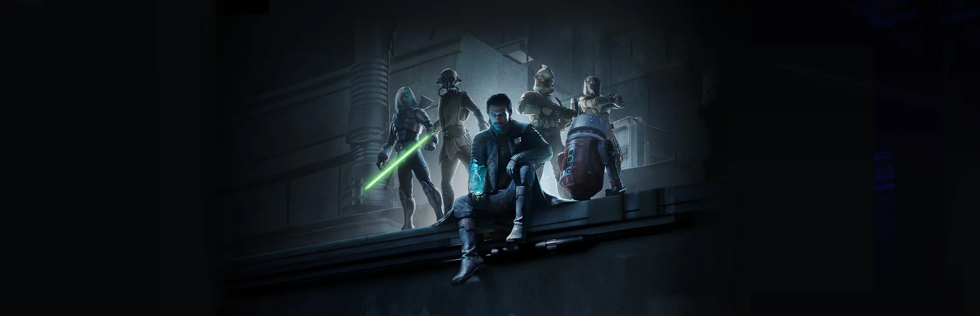 Key art of Hawks sitting on a metal ledge with Zero Company members and a red astromech standing behind him in a hangar.