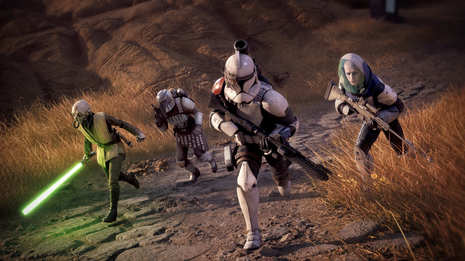 Four Zero Company operators run a rocky path: a Tognath Jedi with a green lightsaber, a Mandalorian, a clone trooper, and a hooded sniper.