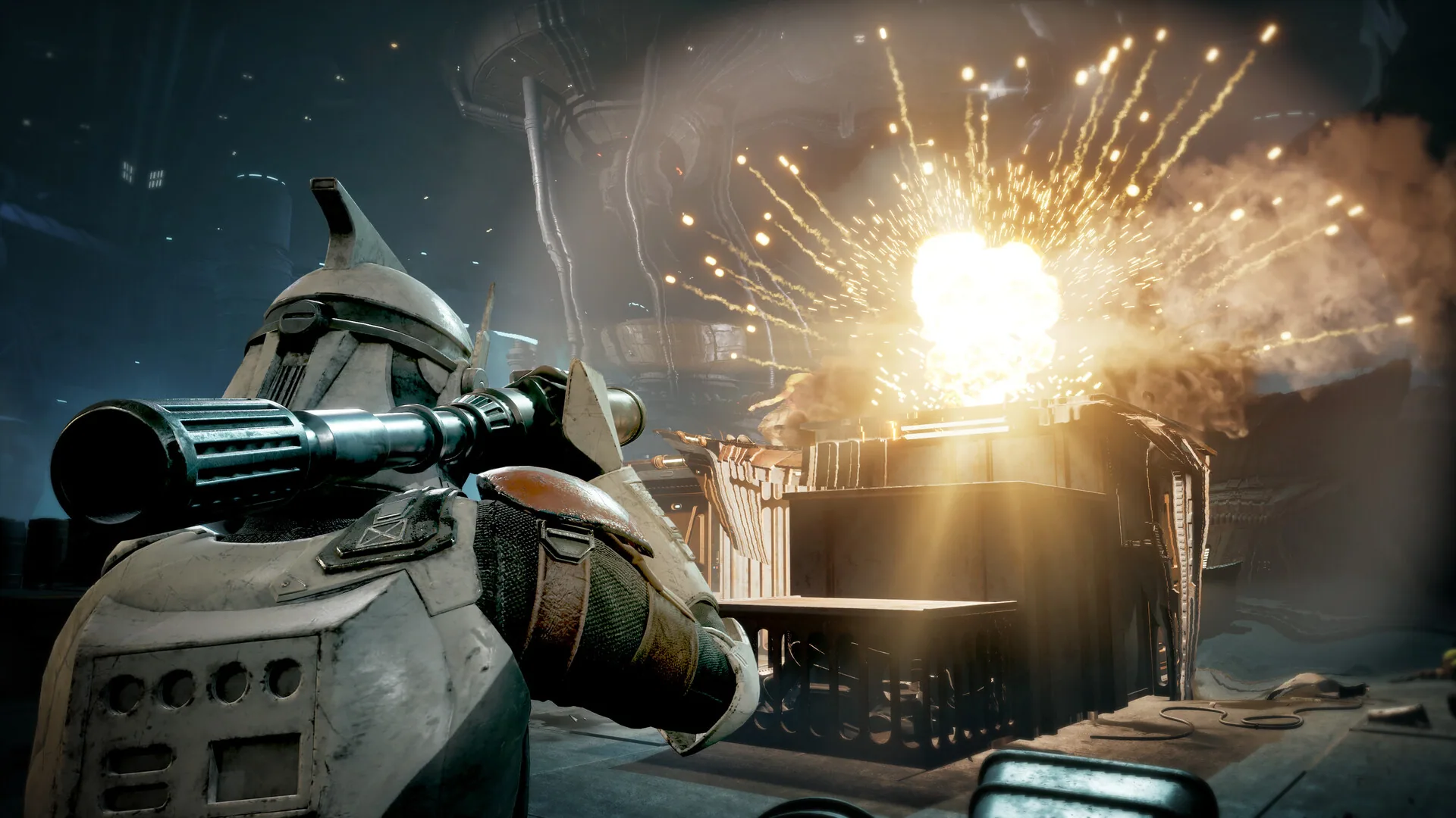 Rear view of a clone trooper firing a shoulder-mounted rocket as an explosion blooms inside an industrial structure.