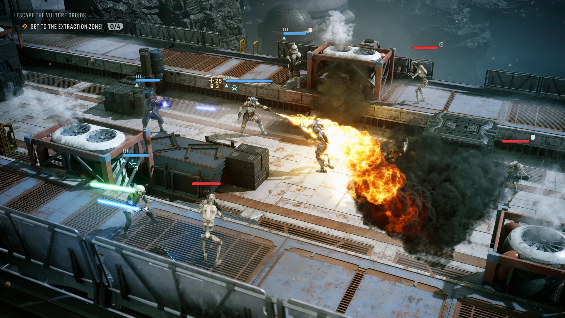 Isometric tactical combat on a platform with the objective GET TO THE EXTRACTION ZONE 0/4; operators with blue health bars fight droids beside a fire.