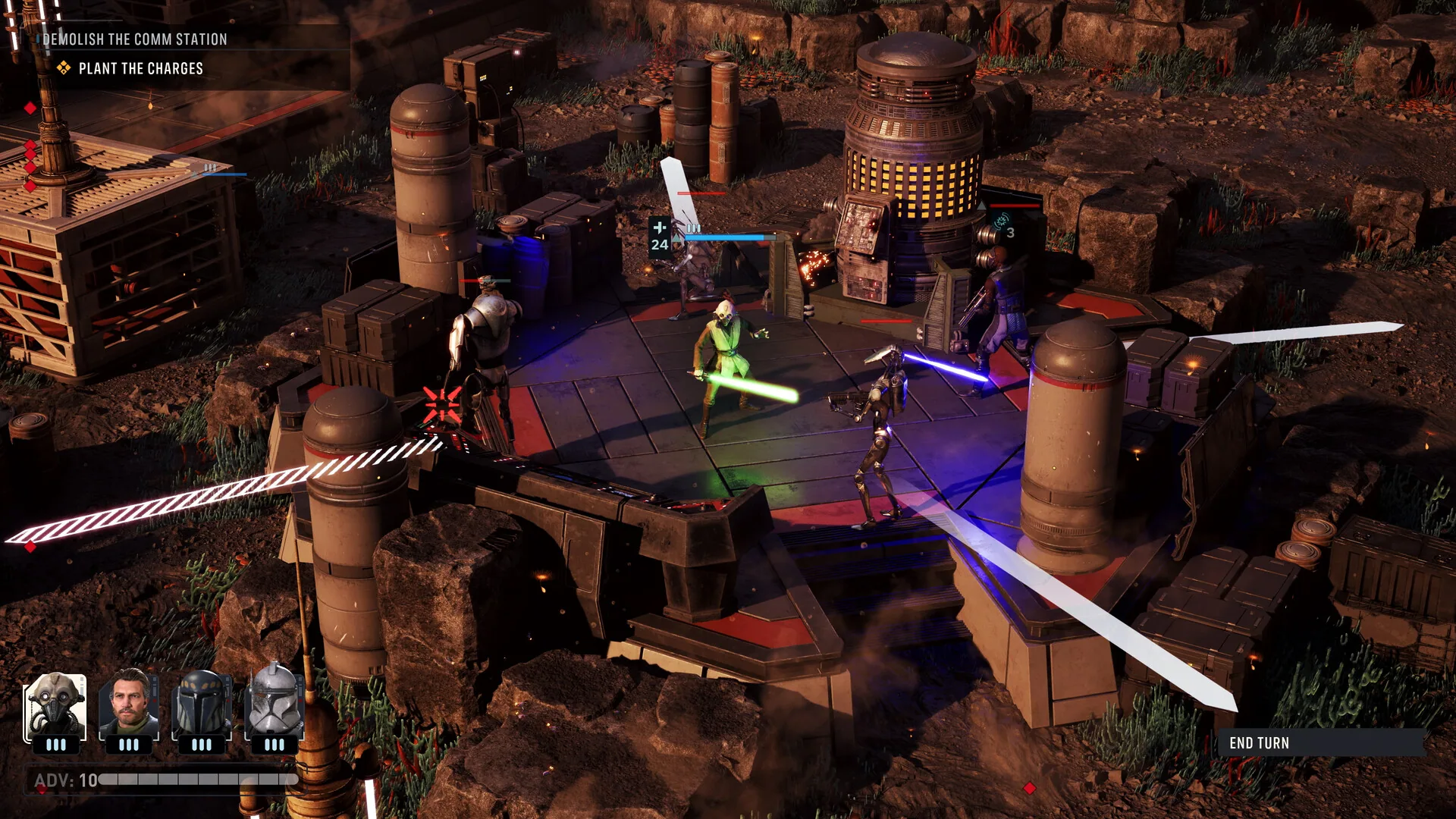 Tactical mission DEMOLISH THE COMM STATION / PLANT THE CHARGES with a Jedi, overwatch cones, End Turn, ADV 10, and four operator portraits.
