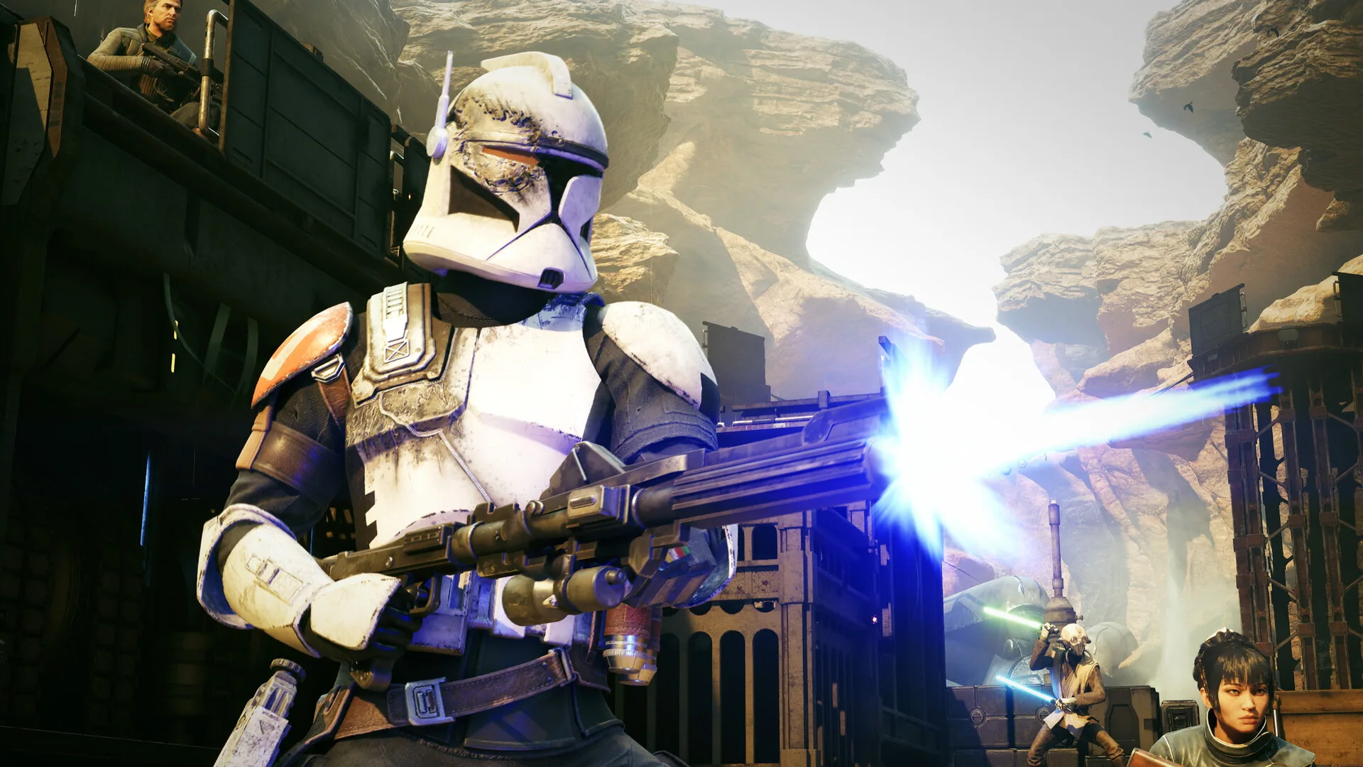 Close-up of a clone trooper firing a blaster in a canyon base, with a Jedi and another operator visible behind him.