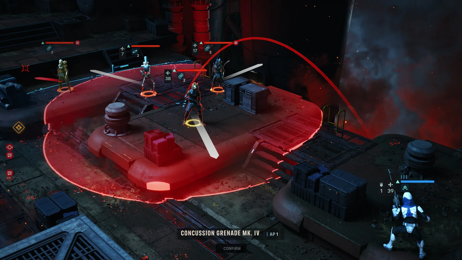 Overhead combat showing a red Concussion Grenade Mk. IV blast radius over enemies on a platform, with a clone trooper at lower right.