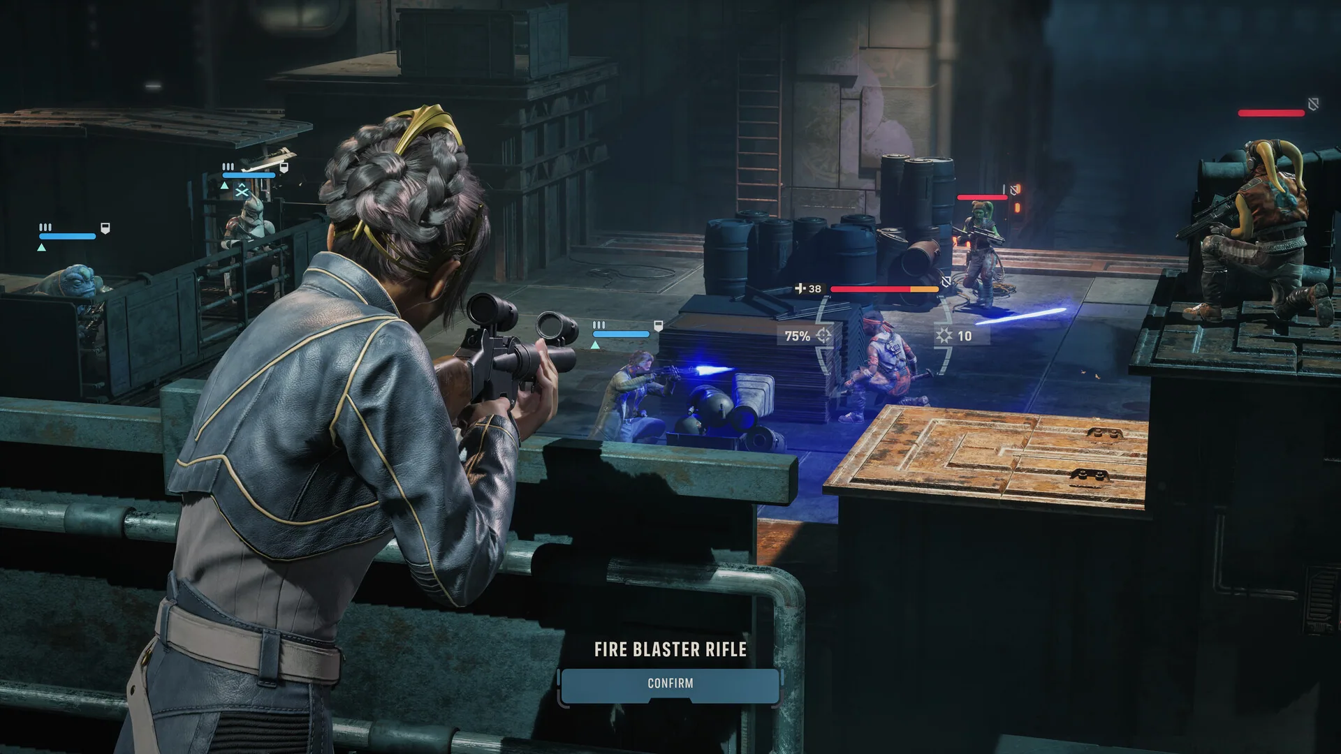 Third-person aim from a catwalk with FIRE BLASTER RIFLE CONFIRM and a 75 percent chance-to-hit marker over a clustered fight.