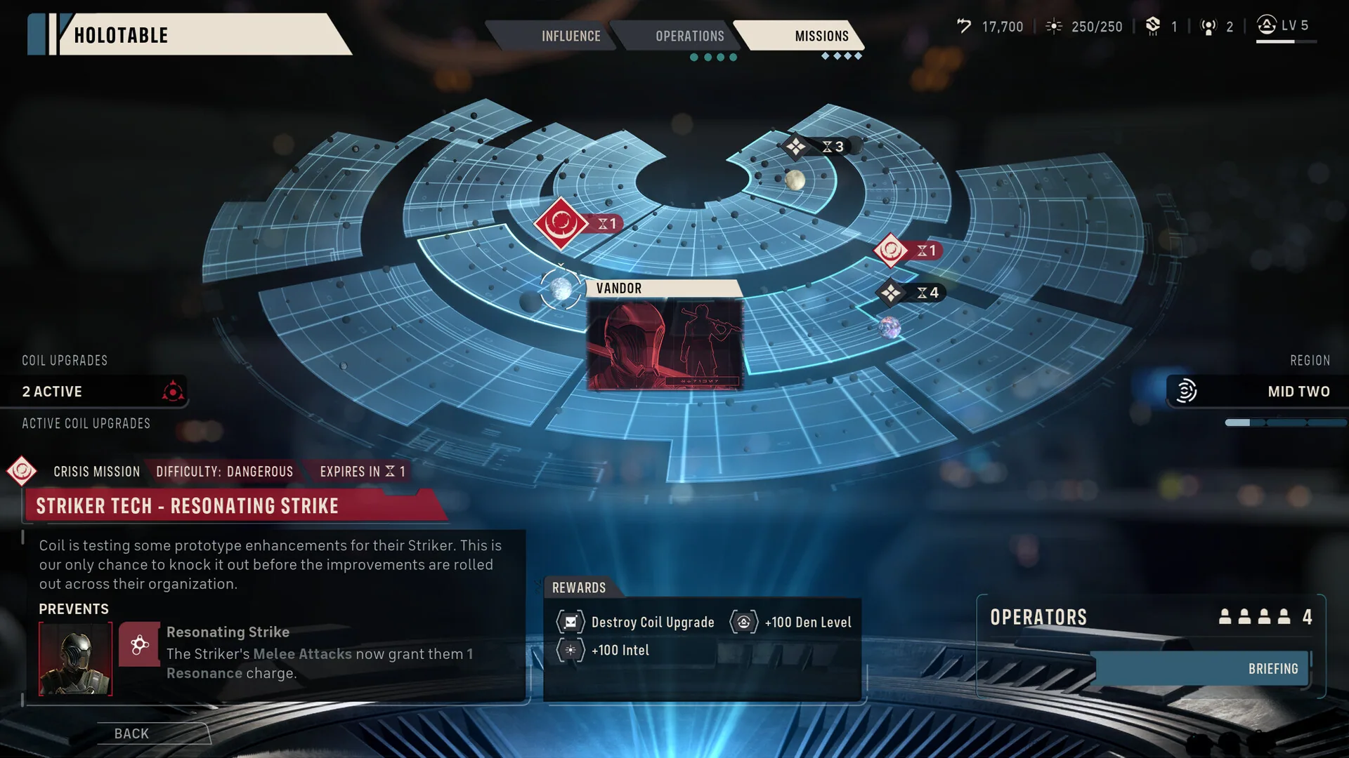 Holotable galaxy map highlighting a Vandor crisis mission STRIKER TECH - RESONATING STRIKE with Influence, Operations, and Missions tabs.