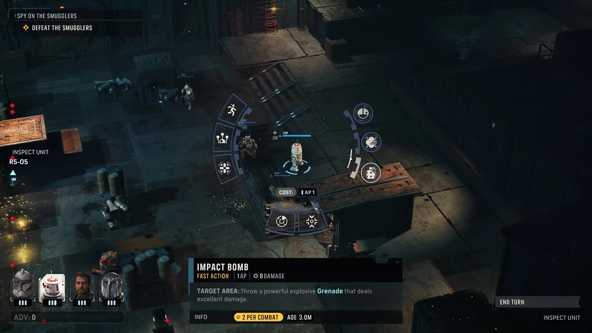 Tactical action wheel on an astromech showing Impact Bomb as a 1 AP fast action dealing 8 damage in a 3.0 m area during SPY ON THE SMUGGLERS.