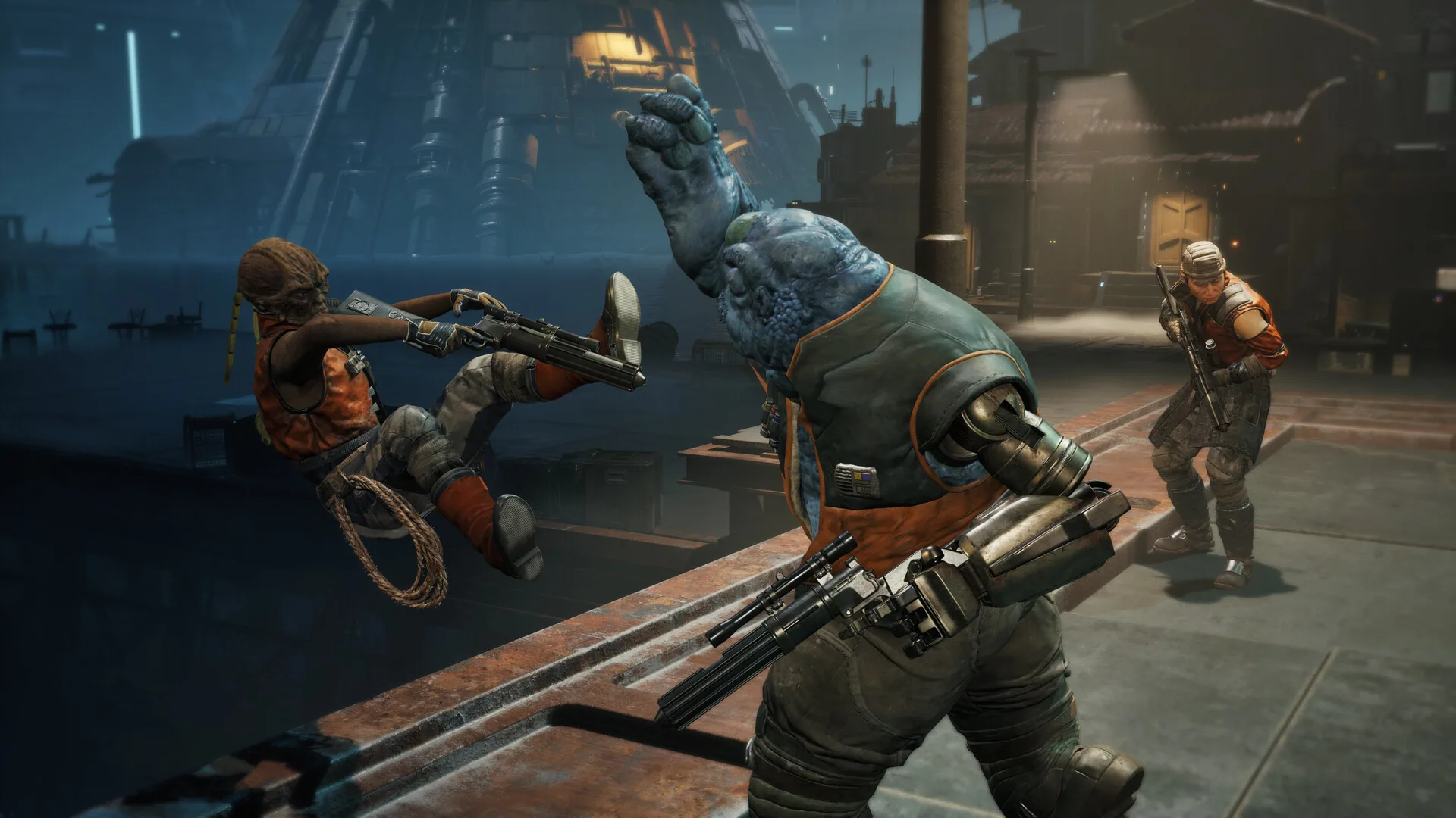 Cinematic of a large blue-skinned operator with a cybernetic arm knocking an orange-clad fighter off a ledge.