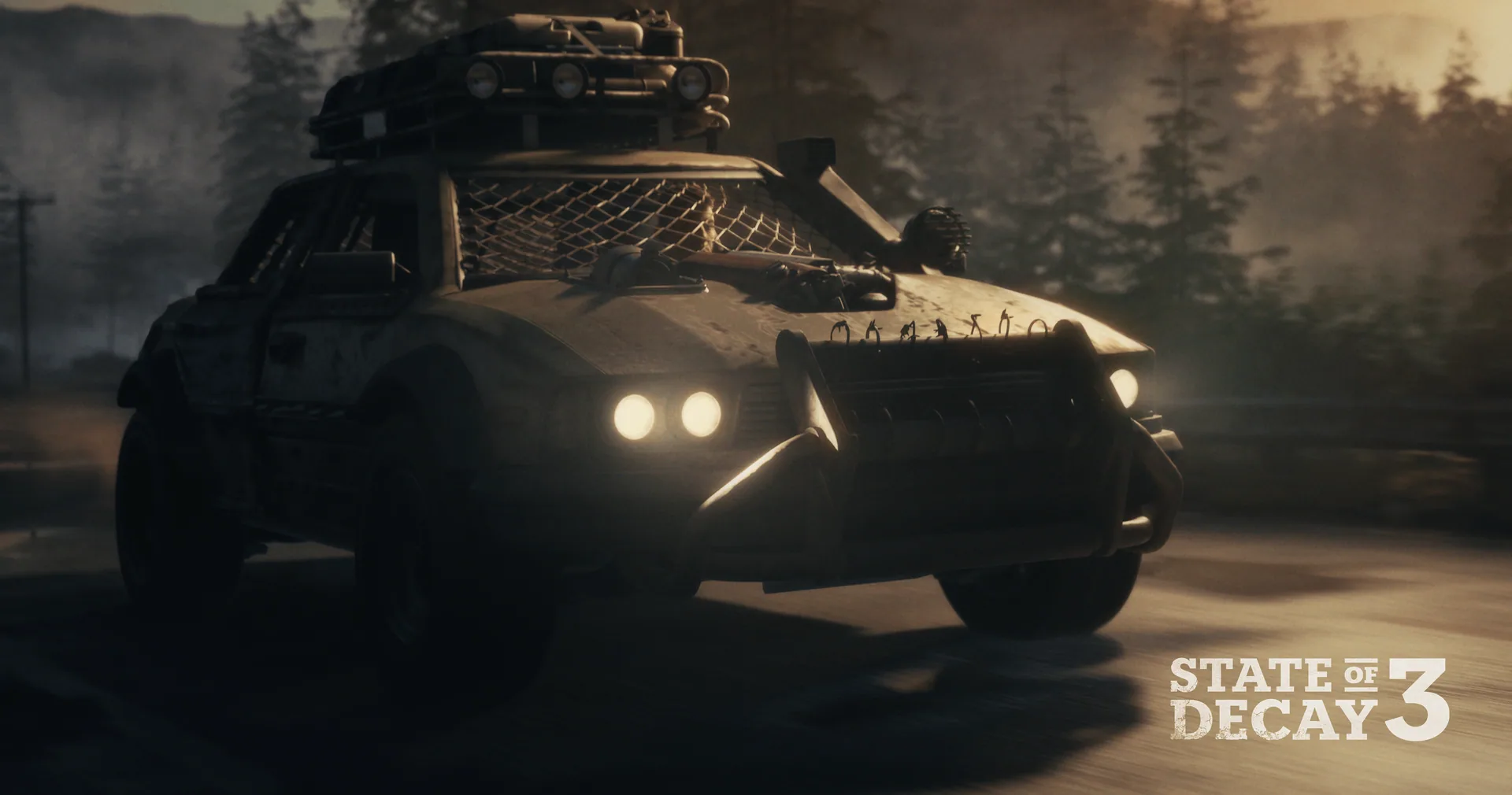 Armored SUV with a roof rack and front guard on a misty forest road