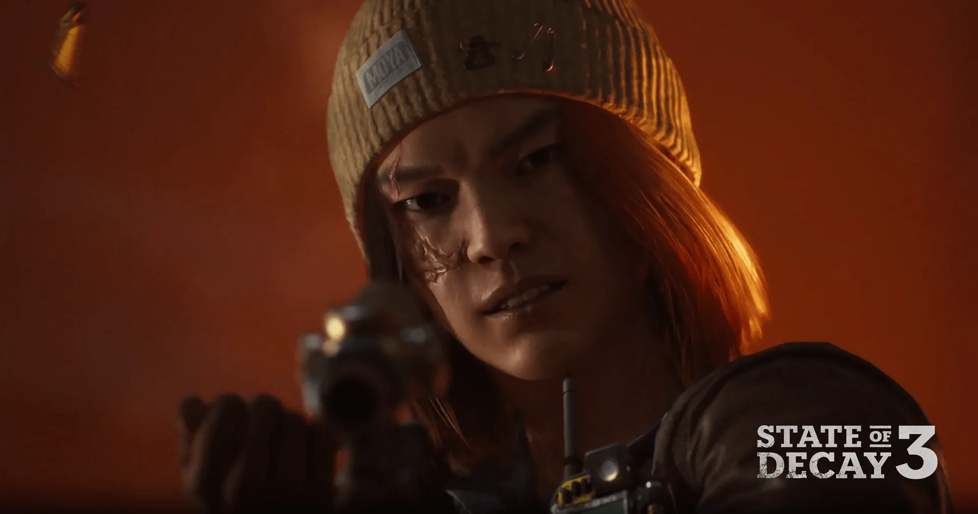 Survivor in a knit beanie aiming a pistol, lit by firelight