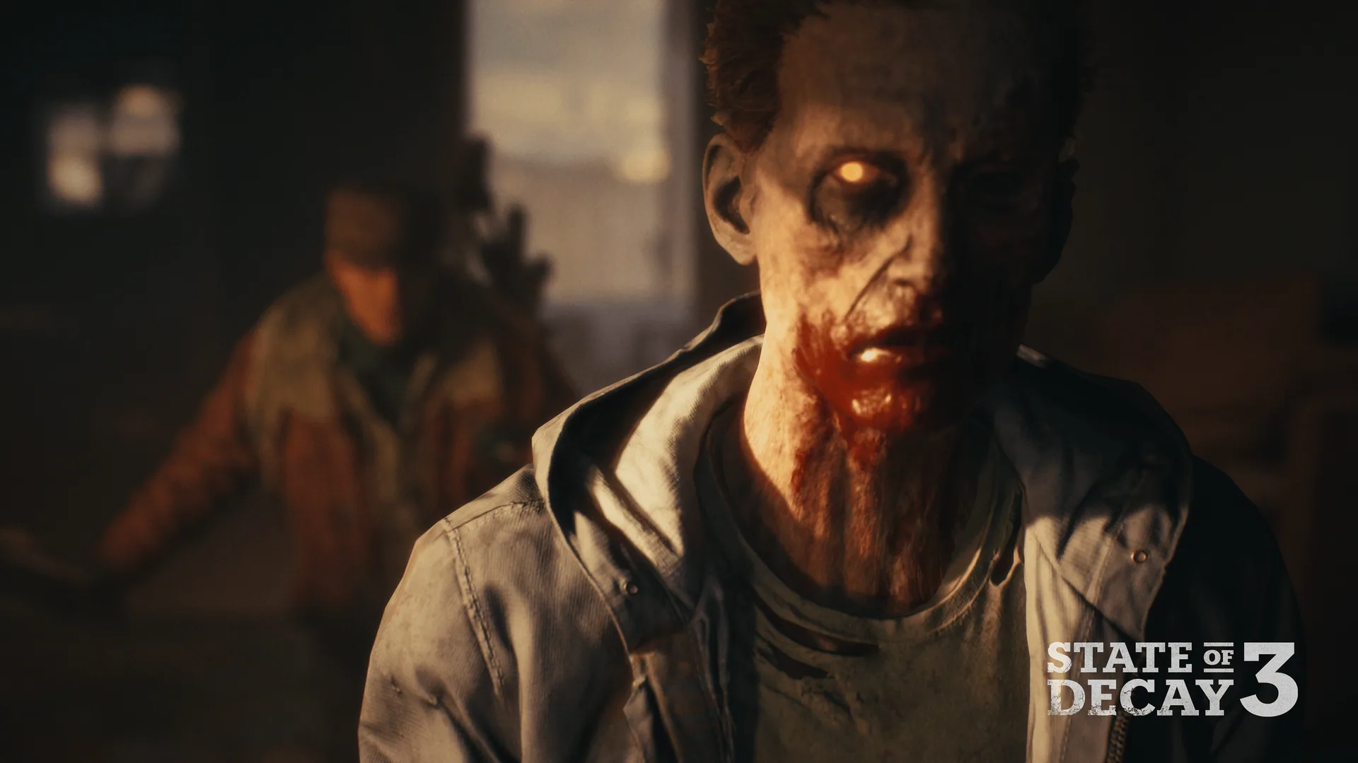 Close-up of a decayed zombie with glowing eyes and blood around its mouth