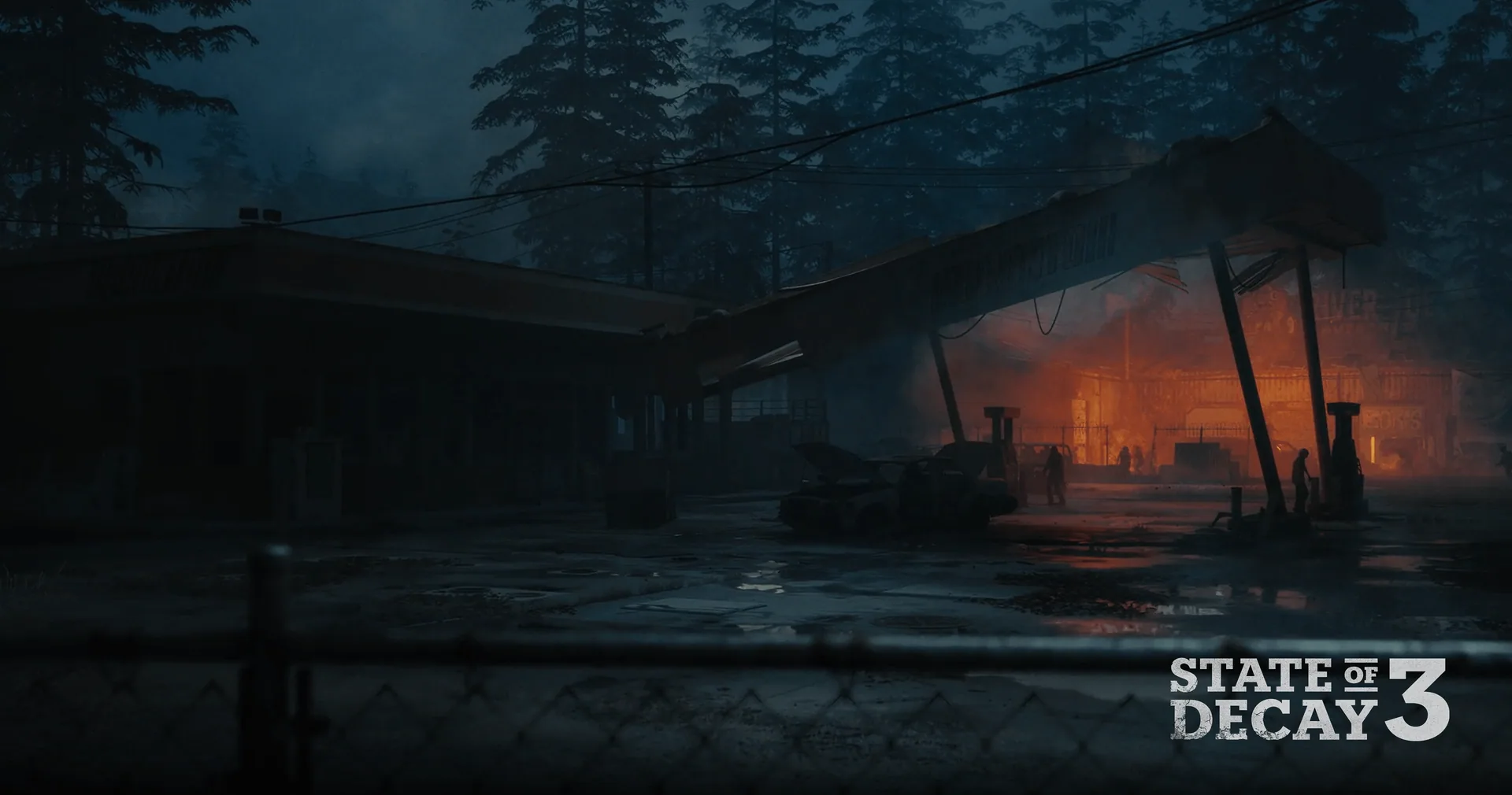 Abandoned gas station at night with fire glowing inside and a collapsing canopy