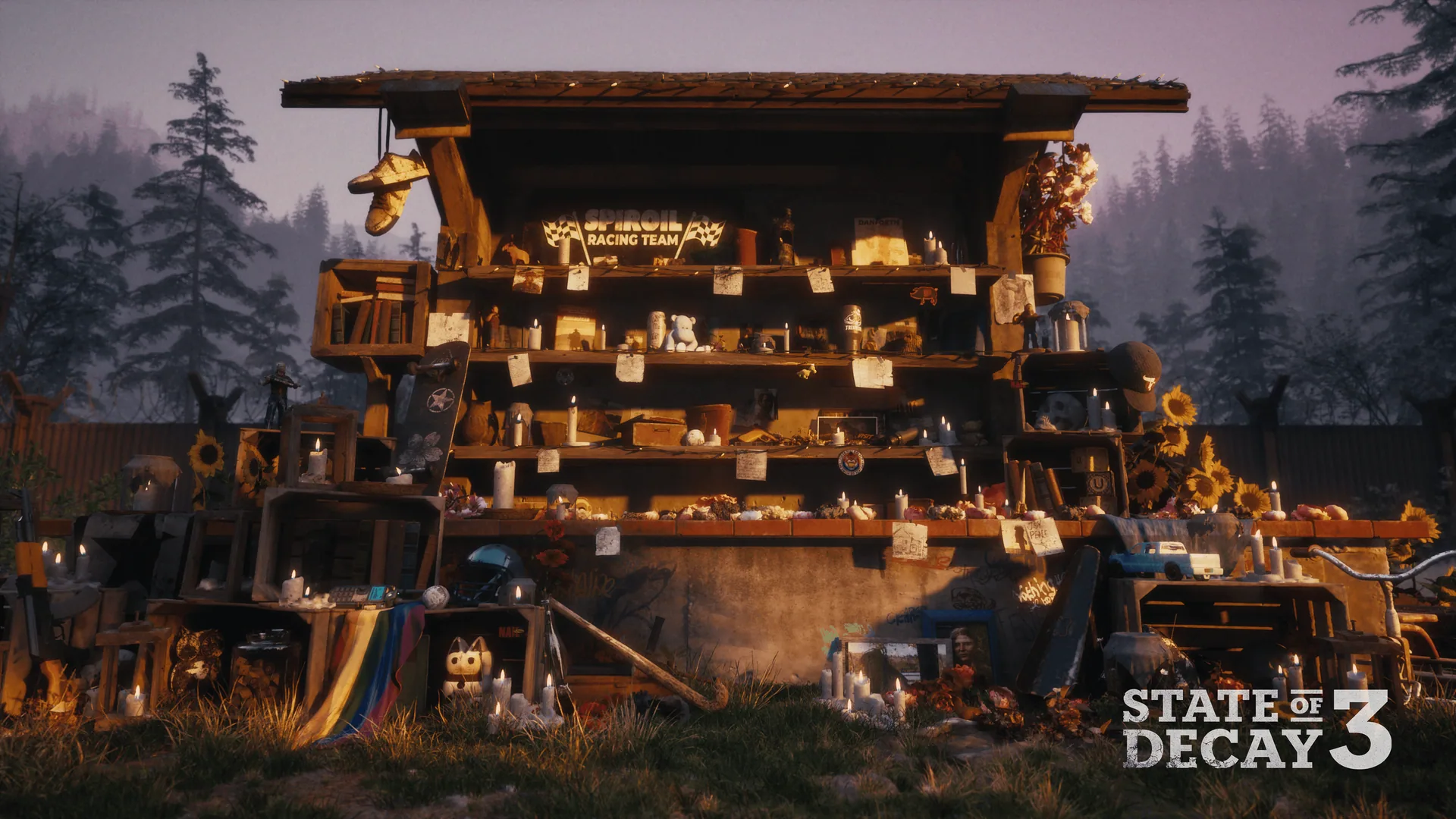 Memorial shelf with candles, photos and keepsakes of fallen survivors