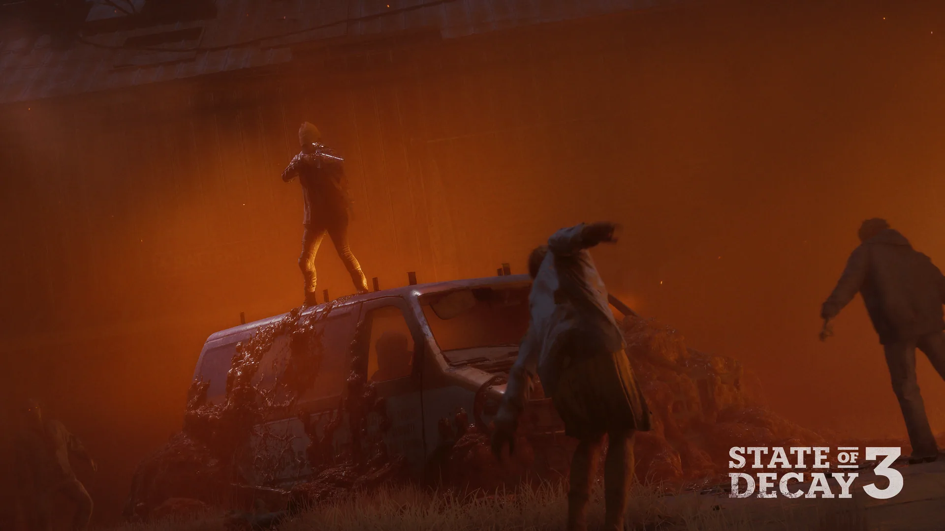 Survivor on a wrecked car firing a rifle as zombies close in through orange smoke