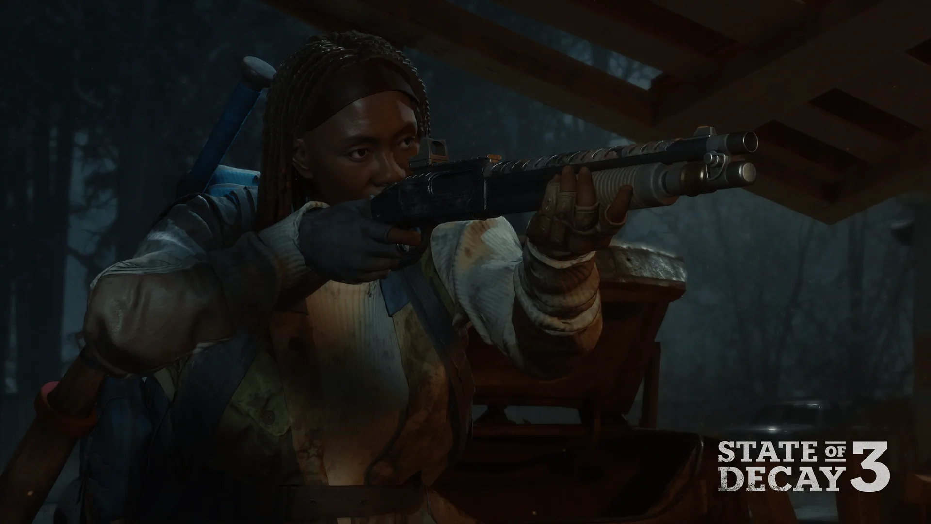 Survivor with braided hair aiming a pump-action shotgun from beneath a porch roof