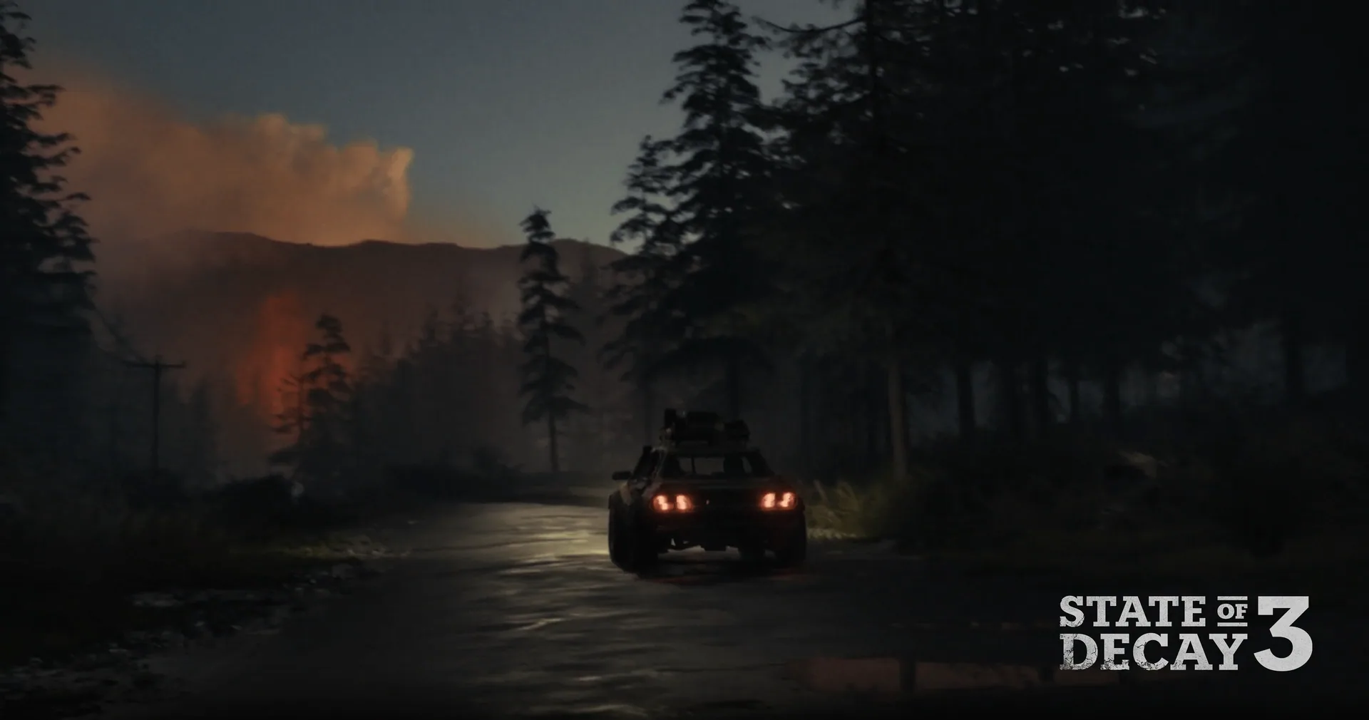 Armored vehicle driving away along a wet forest road toward a smoke-filled sky