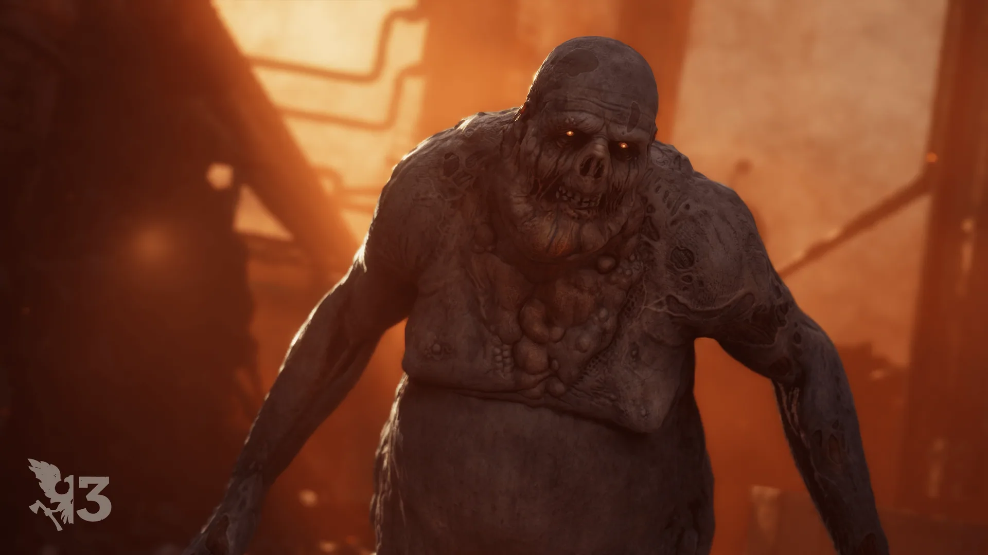 Bloater freak with glowing eyes advancing through an orange-lit industrial building