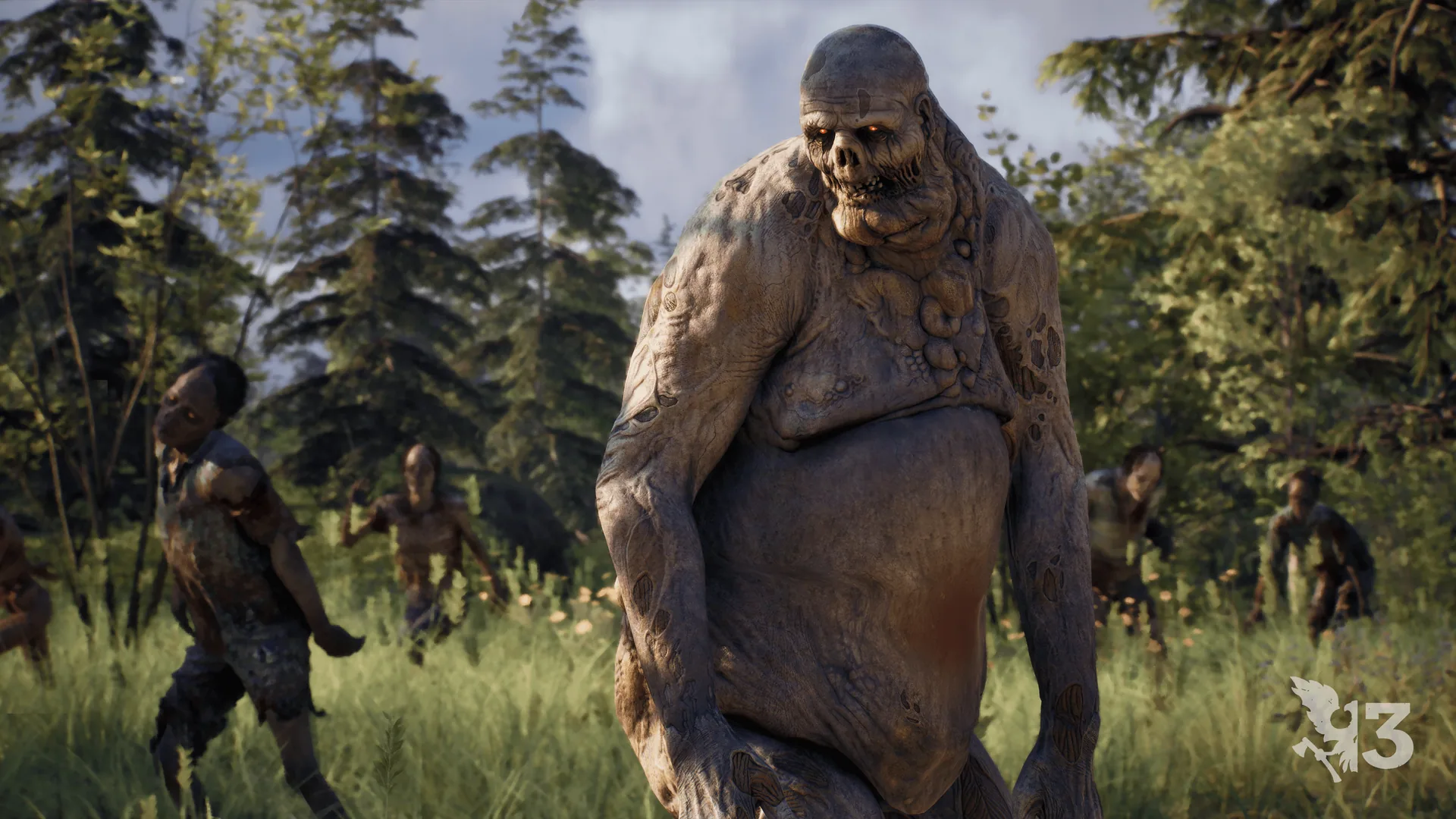Bloater freak with a swollen blistered body leading zombies across a clearing