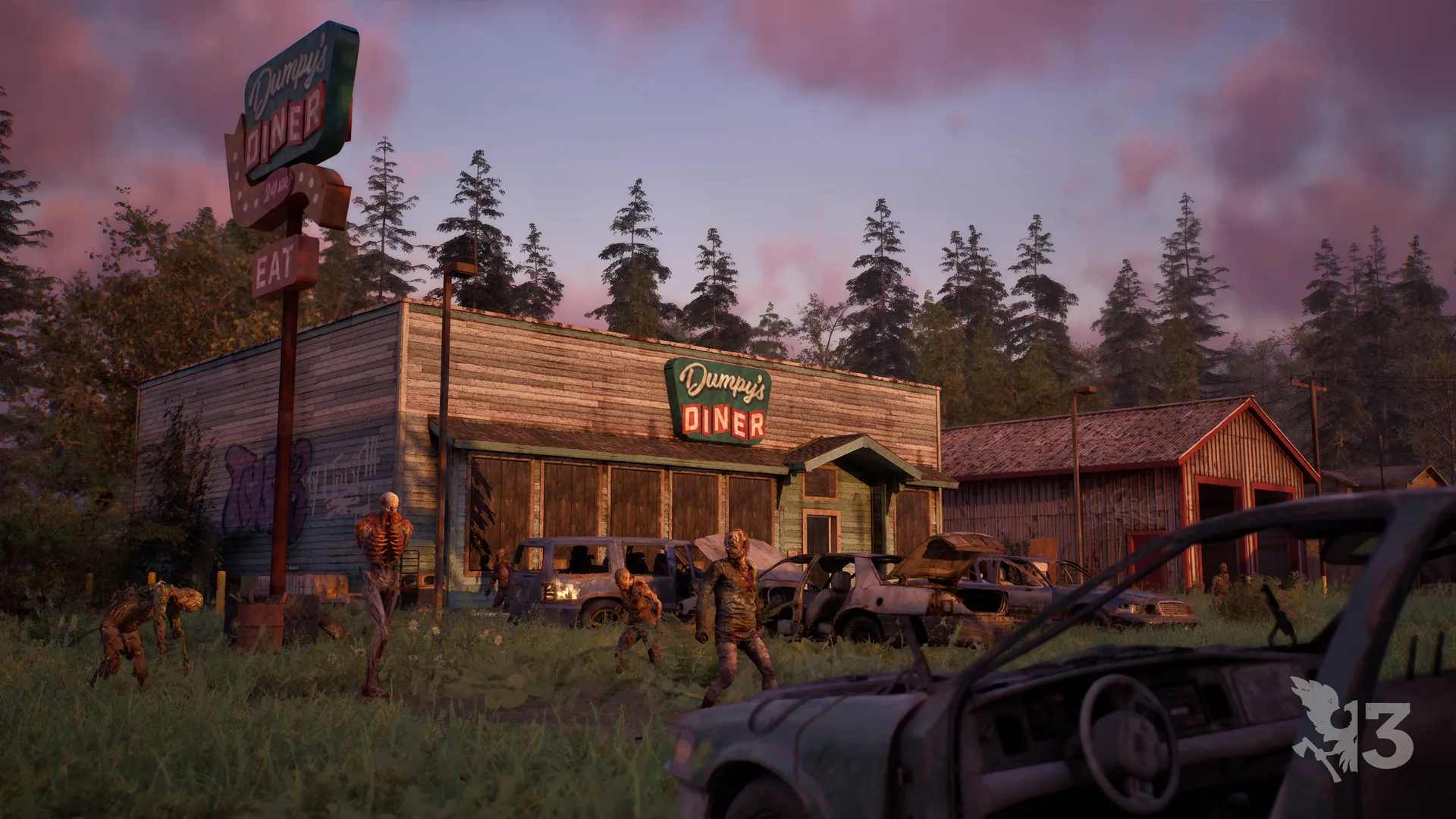 Zombies wandering the overgrown lot of Dumpy's Diner beside wrecked cars at dusk