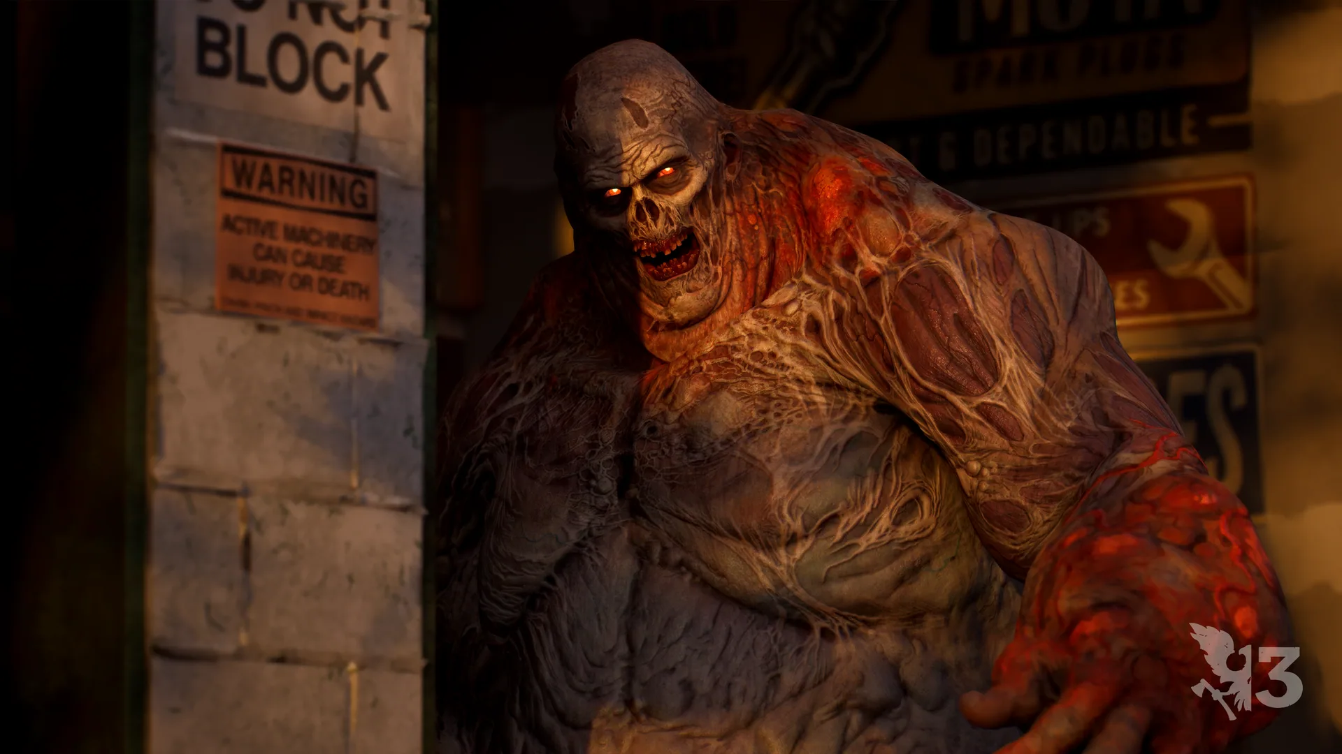 Hulking, red-veined infected lunging around a cinder-block wall