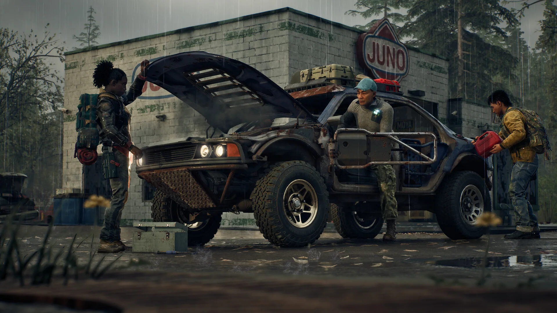 Three survivors refuelling an armored car at the Juno gas station in the rain