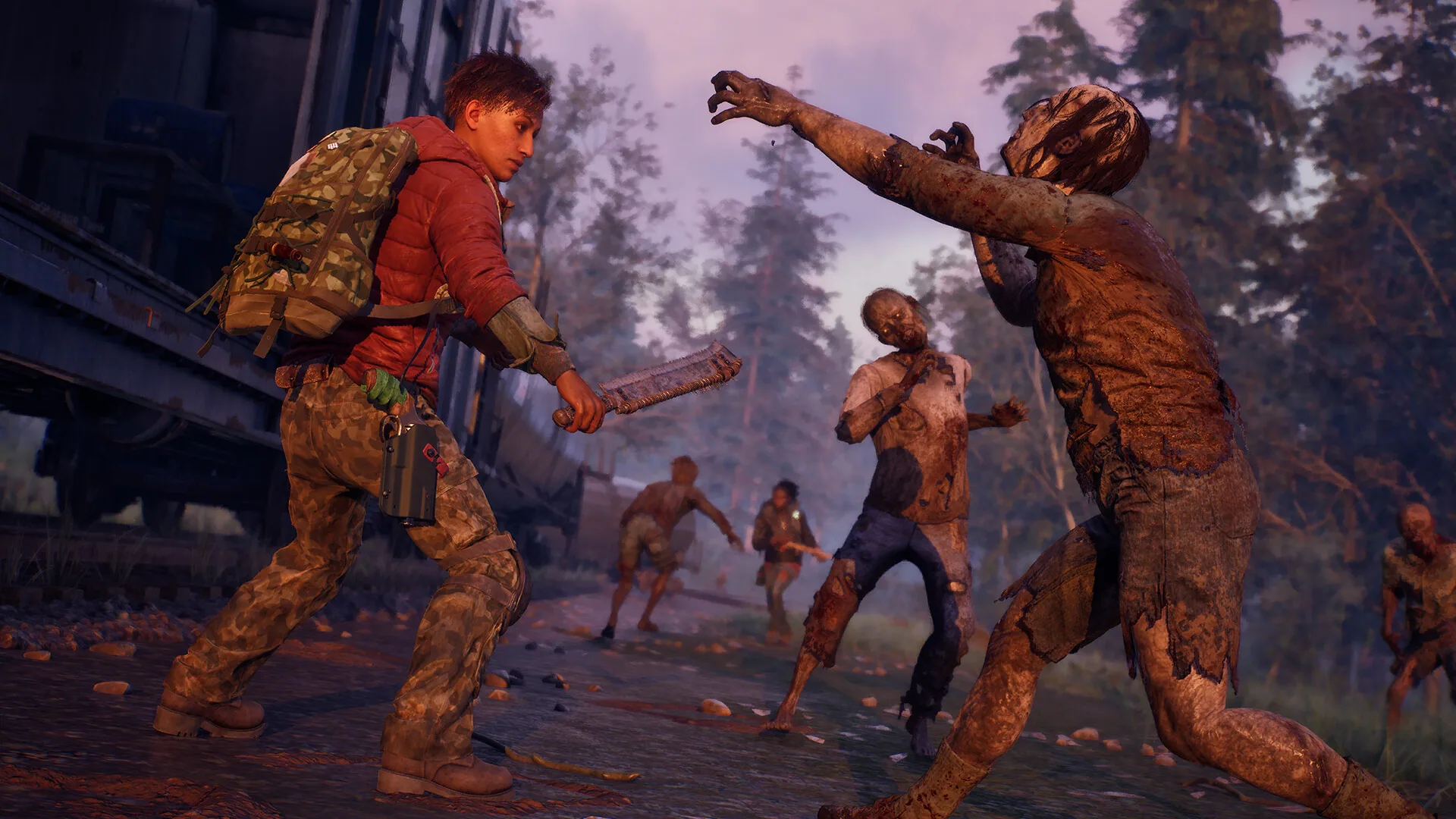 Survivor swinging a blade-studded club at decayed zombies beside a train