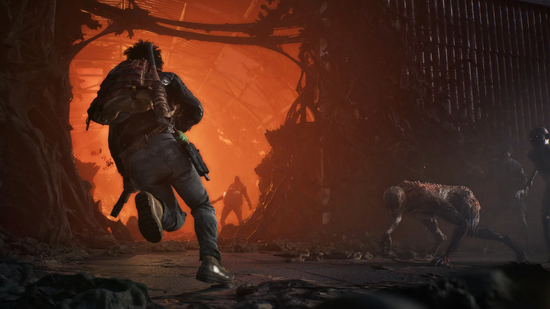 Survivor sprinting into a glowing orange plague tunnel lined with infected
