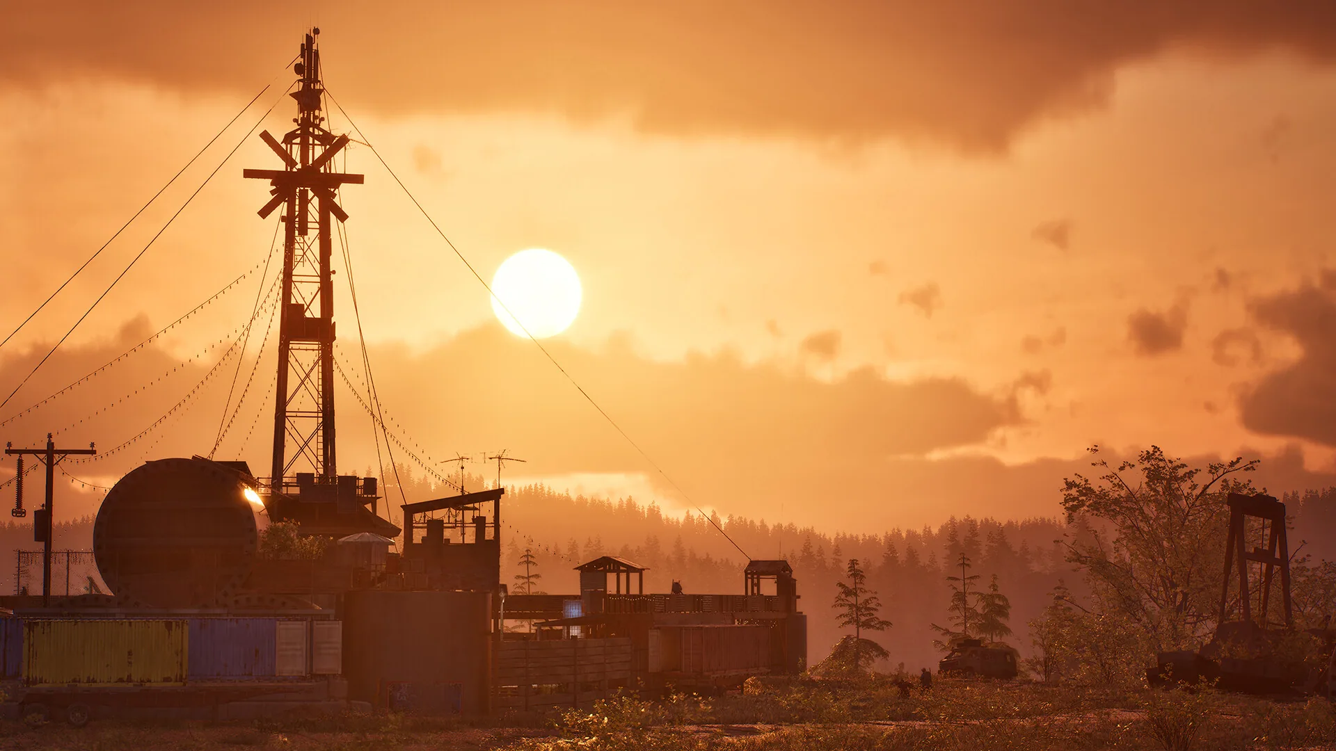 Windy City settlement silhouetted at sunset with its tower and rooftop lookouts