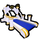 Angelic Treadmill! badge: a white-and-gold treadmill with a blue running belt and haloed pillars.