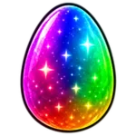 Hatched Eternal! badge: a rainbow galaxy egg on black.