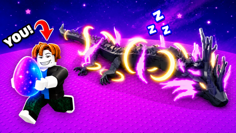 Official thumbnail of a grinning player carrying a galaxy-colored egg beside a sleeping black dragon wrapped in magenta and gold rings.