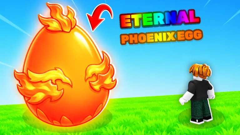 Official thumbnail of a flaming orange egg labeled ETERNAL PHOENIX EGG with a player standing on grass.