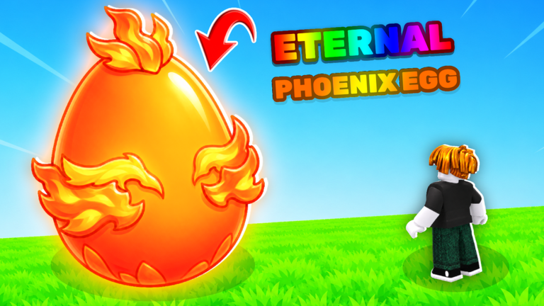 Official thumbnail of a flaming orange egg labeled ETERNAL PHOENIX EGG with a player standing on grass.