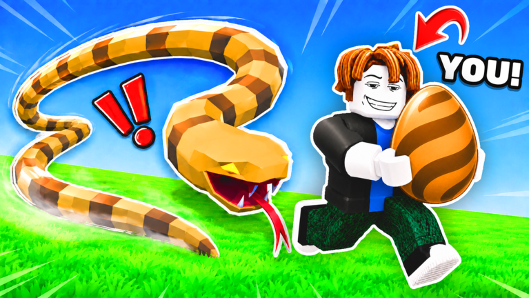 Official thumbnail of a striped snake chasing a Roblox avatar who carries a matching striped egg with a YOU! arrow.