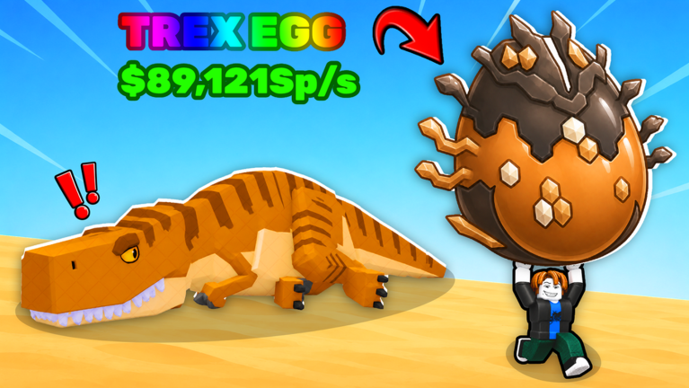 Official thumbnail of a sleeping orange T-Rex and a player lifting a spiked egg labeled TREX EGG $89,121Sp/s.