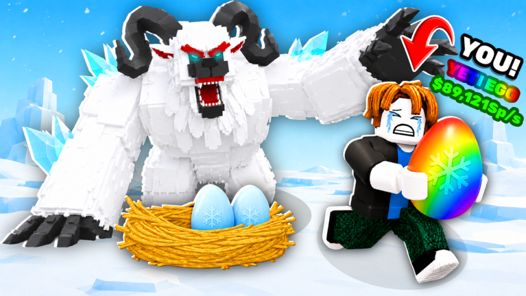 Official thumbnail of a roaring white yeti, a nest of snowflake eggs, and a crying avatar clutching a rainbow egg labeled YETI EGG.