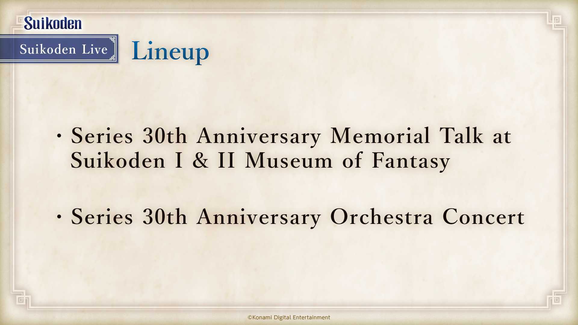 Official Steam news image from “Suikoden Live 30th Anniversary Archive Now Available📣”.