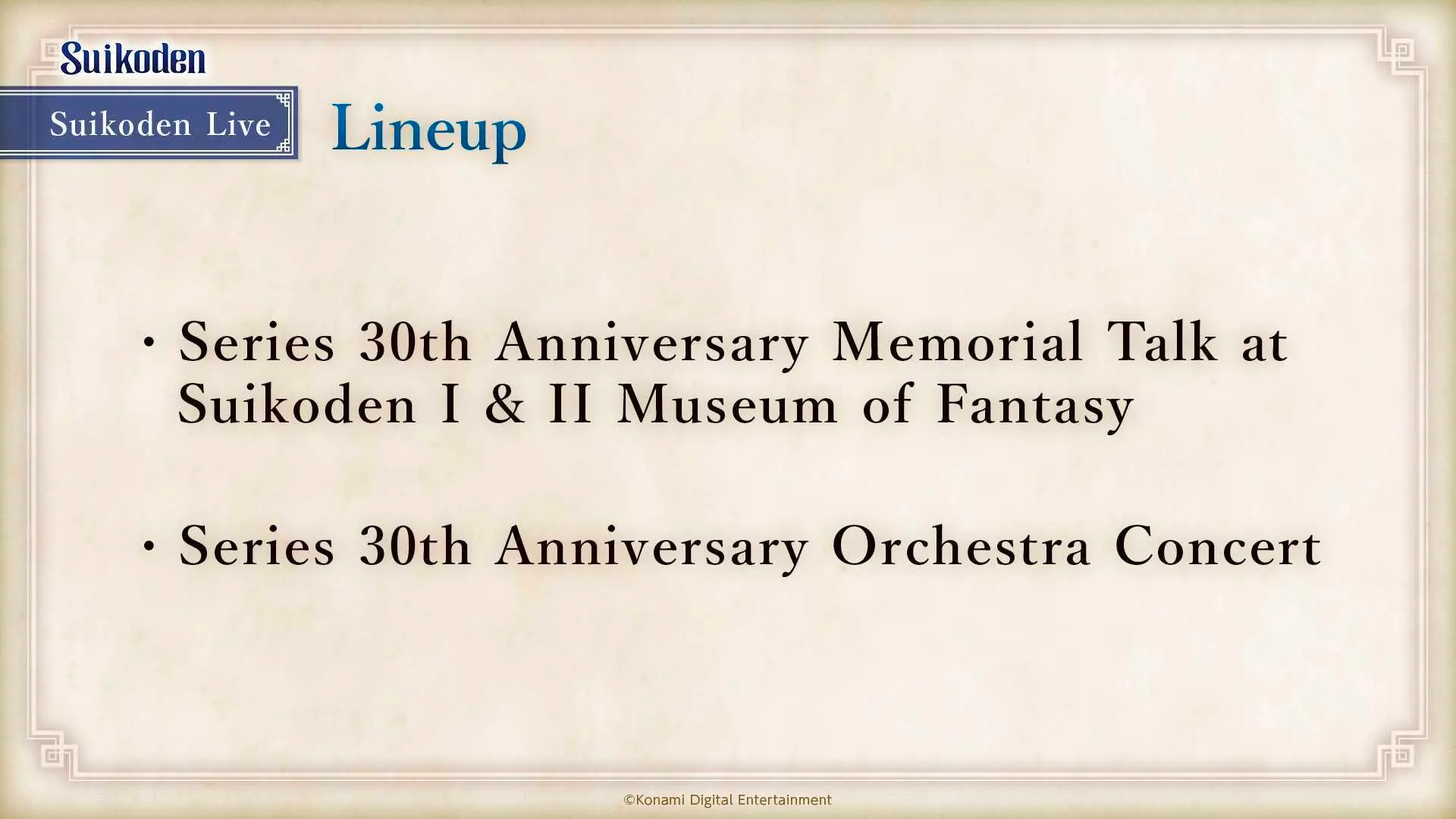 Official Steam news image from “Suikoden Live 30th Anniversary Archive Now Available📣”.