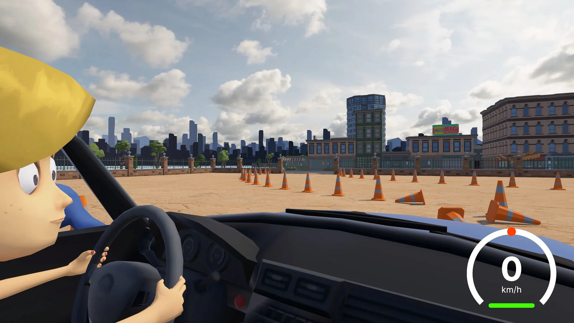The sister at the wheel on the cone lot, with the skyline past the fence.