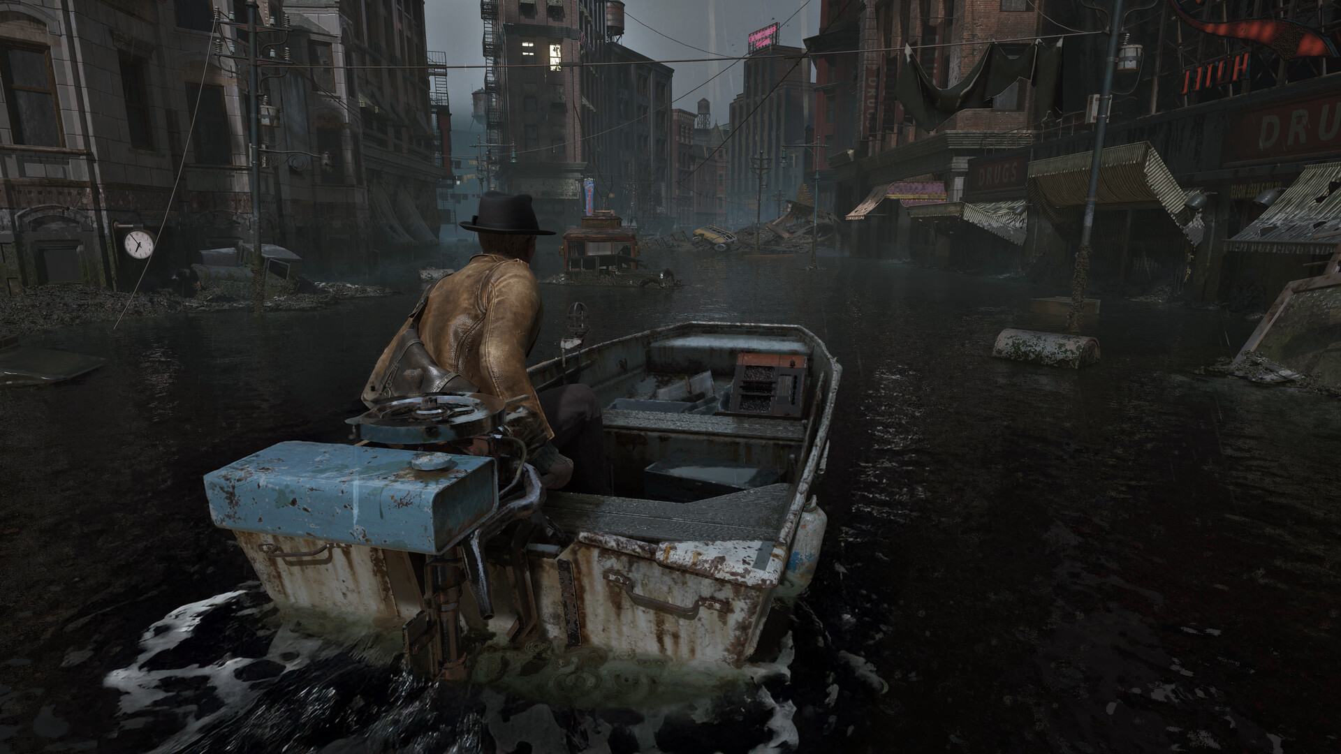 Calvin Rafferty pilots a small motorboat through flooded 1920s Arkham streets lined with brick shops and debris