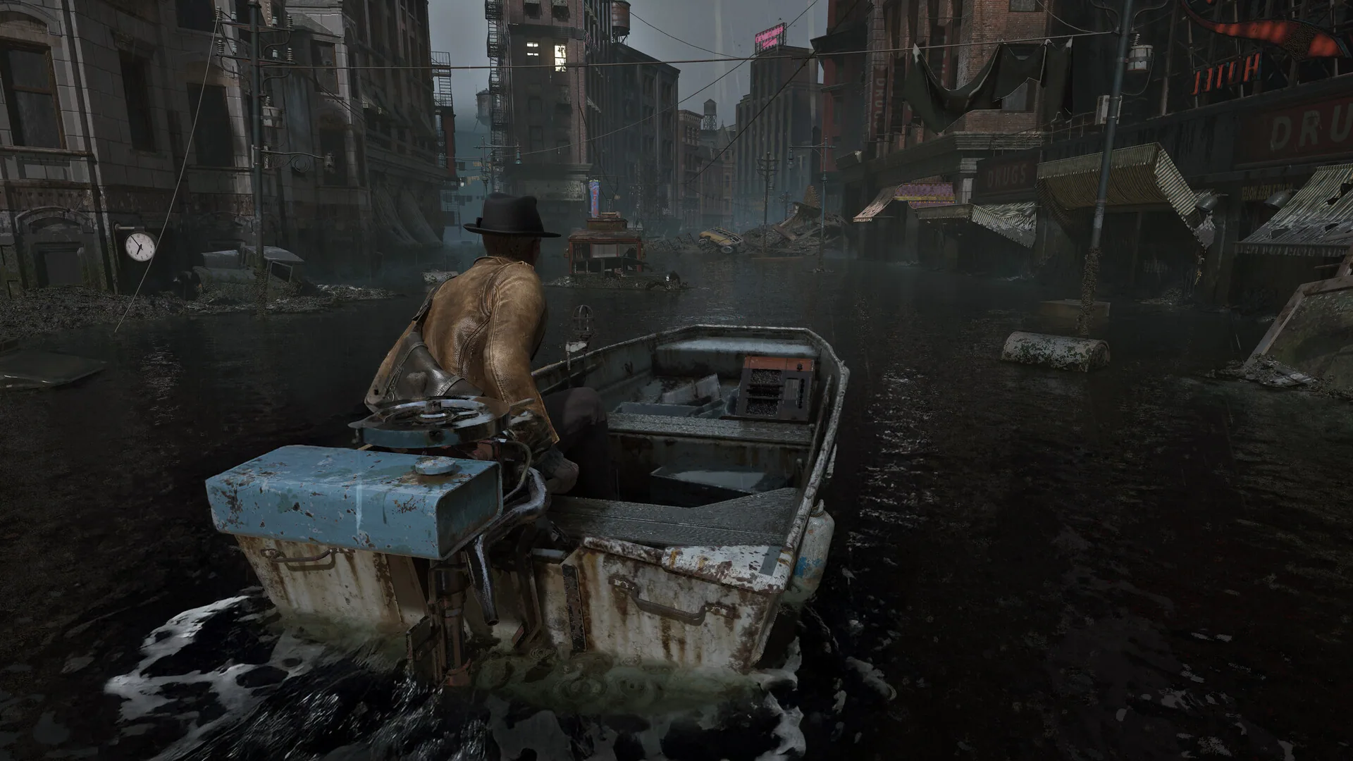 Calvin Rafferty pilots a small motorboat through flooded 1920s Arkham streets lined with brick shops and debris