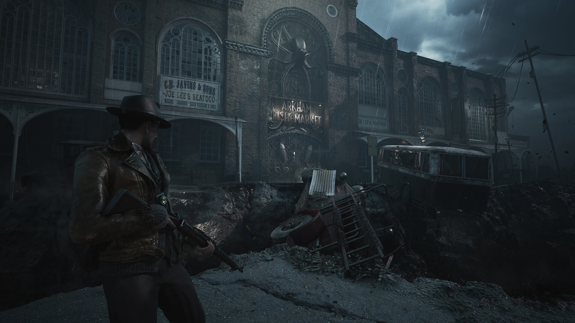 Calvin Rafferty stands before the rain-soaked Arkham Fish Market facade with a sunken bus in a collapsed street