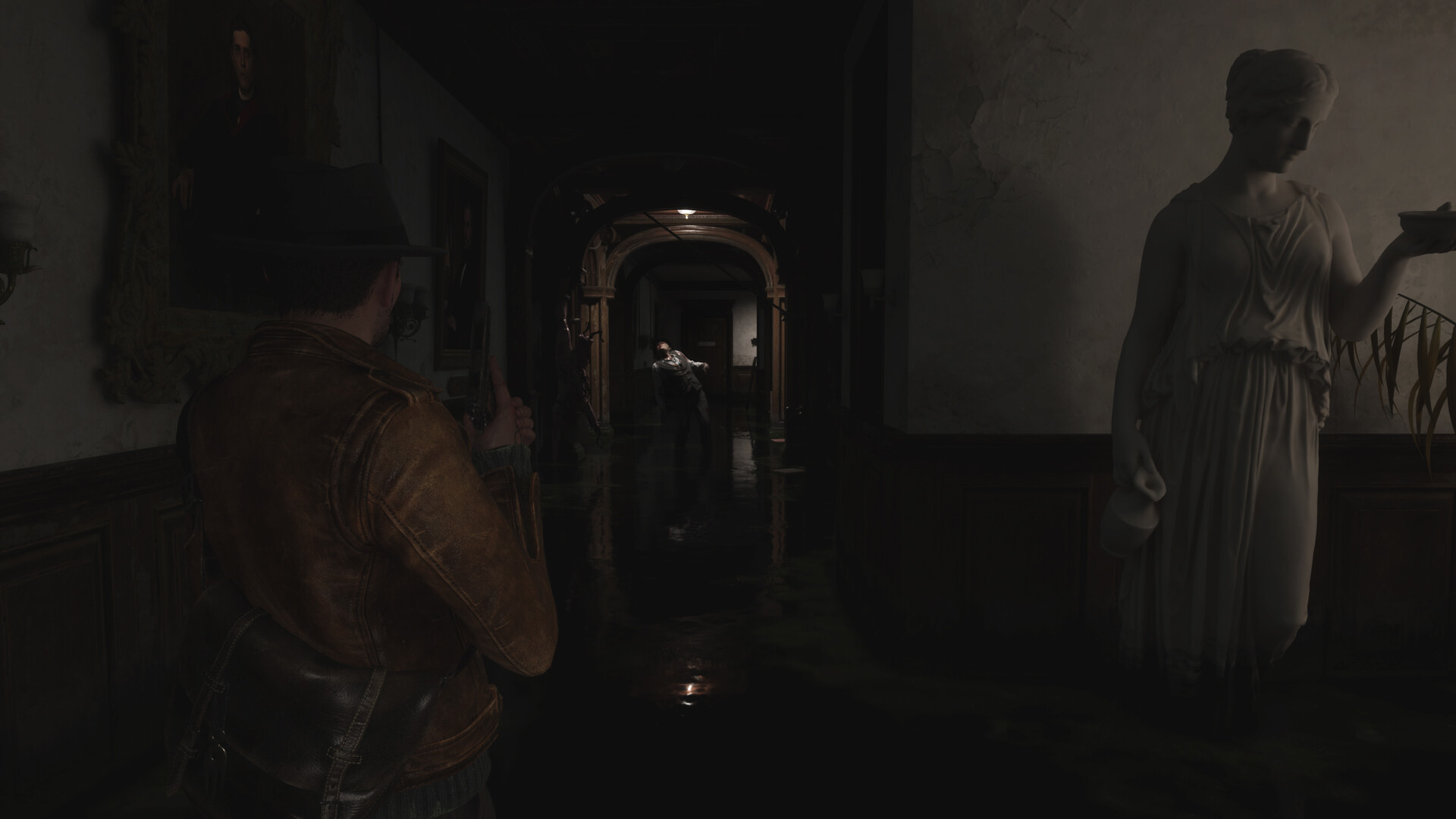 Calvin Rafferty aims a pistol down a flooded manor hallway past portraits and a marble statue toward a distant figure